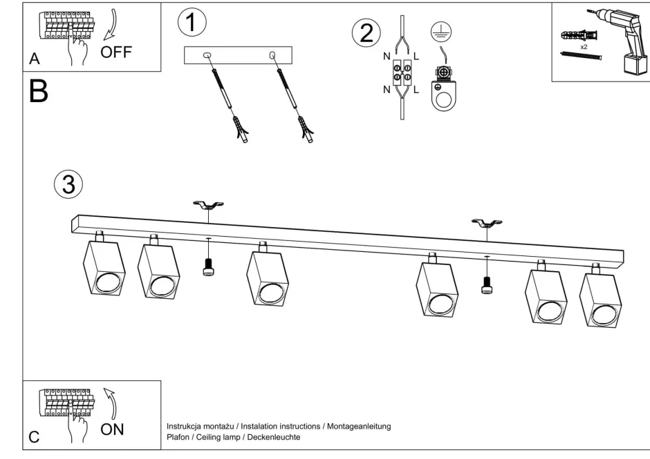 Holzlampen|Moderne Lampen*Sollux Deckenleuchte Holz 120 cm 6-flammig schwenkbar länglich