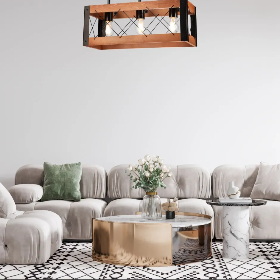 Lamkur Deckenleuchte Holz Metall Rustikal L: 53 cm Schwarz 3x E27< Deckenleuchten|Rustikale Lampen