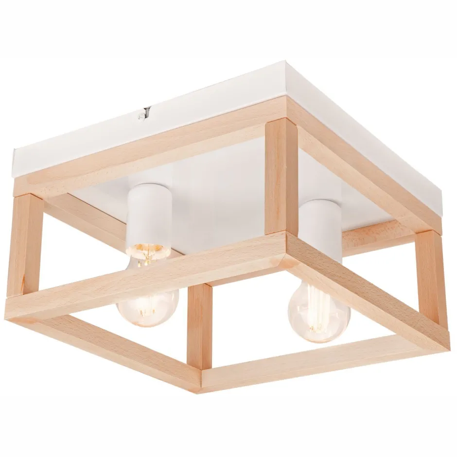 Deckenleuchten|Flurlampen*Lamkur Deckenleuchte Holz Metall B: 30 cm eckig Natur Weiß 2x E27