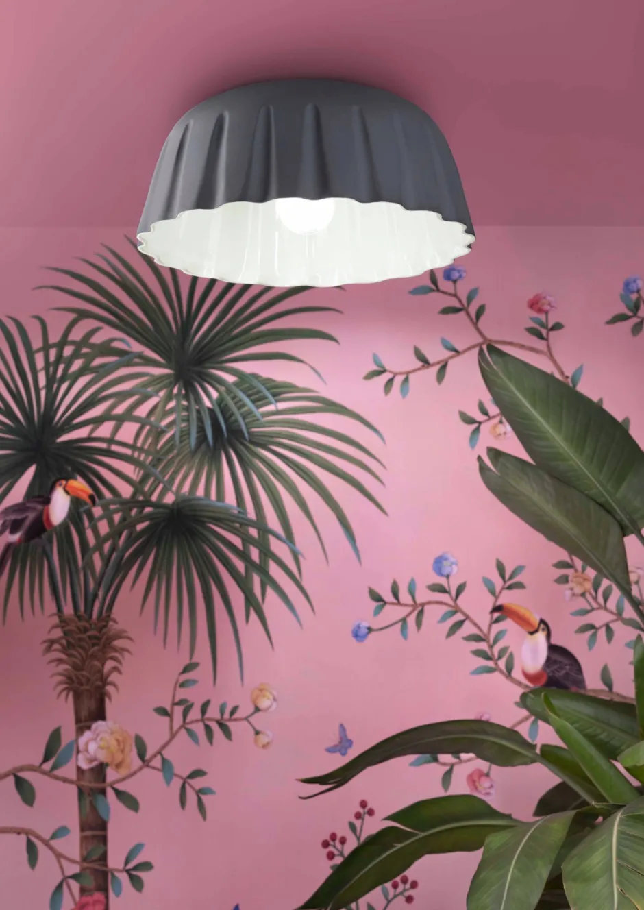 Wohnzimmerlampen|Keramiklampen*Ferroluce Deckenleuchte Keramik E27 D: 40 cm Grau Faltenoptik