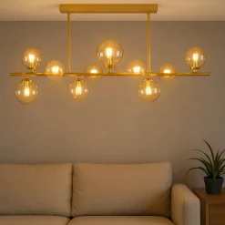 Glaslampen|Metall Lampen*Novecento Deckenleuchte Rauchglas Metall 87 cm lang Creme Gold 10x G9