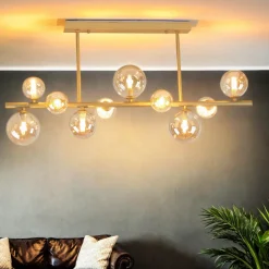 Glaslampen|Metall Lampen*Novecento Deckenleuchte Rauchglas Metall 87 cm lang Creme Gold 10x G9