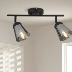 Flurlampen|Bürolampen*Searchlight Deckenleuchte Schwarz Grau B: 50 cm 2x E14 Rauchglas Metall