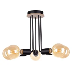 Deckenleuchten|Wohnzimmerlampen*Keter Deckenleuchte Schwarz Metall Holz E27 5-flammig