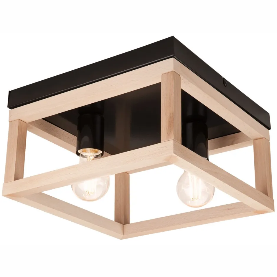 Deckenleuchten|Flurlampen*Lamkur Deckenleuchte Schwarz Natur 2x E27 B: 30 cm eckig Holz Metall