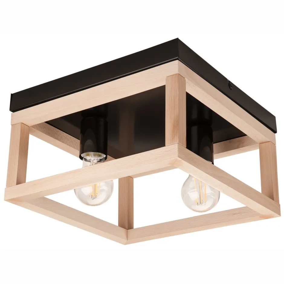 Deckenleuchten|Flurlampen*Lamkur Deckenleuchte Schwarz Natur 2x E27 B: 30 cm eckig Holz Metall