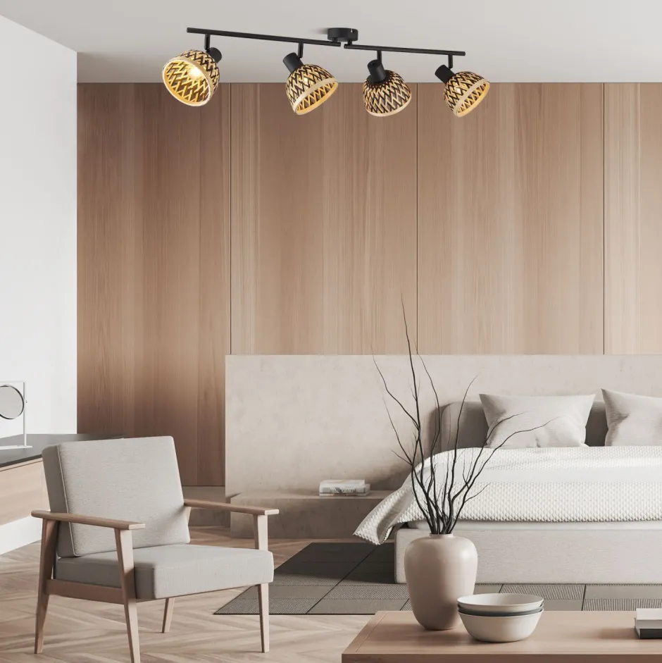 Deckenleuchten|Flurlampen*Searchlight Deckenspot Schwarz Natur B: 94 cm 4x E14 Holz Metall