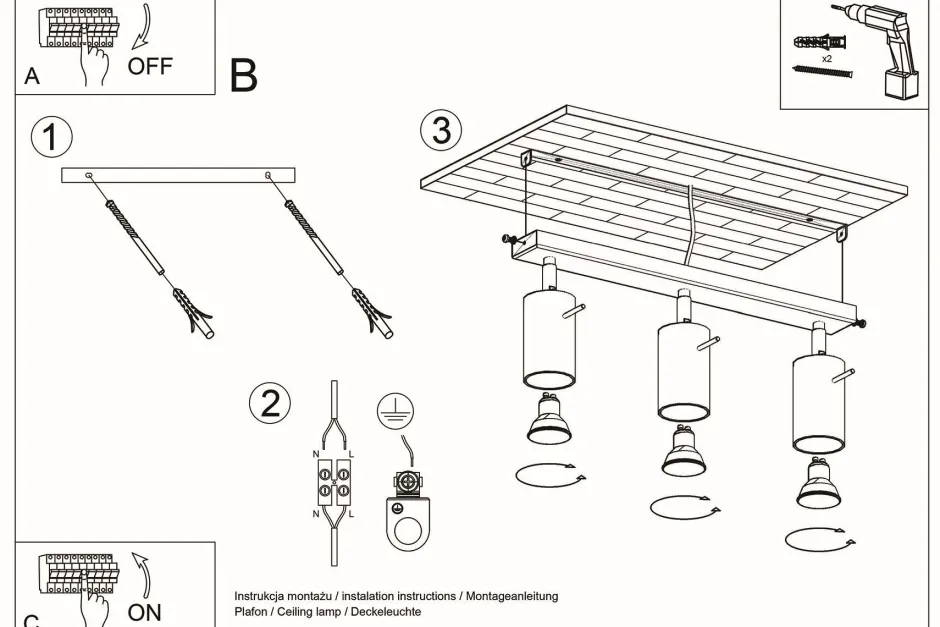 Wohnzimmerlampen|Moderne Lampen*Sollux Deckenstrahler ETNA Metall Chrom 3-flammig GU10