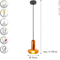 Wohnzimmerlampen|Glaslampen*Eco-Light Dekorative Hängelampe Glas in Bernstein E14 Ø B:15 cm