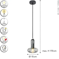 Wohnzimmerlampen|Glaslampen*Eco-Light Dekorative Hängelampe Rauchglas E14 B:15 cm Modern