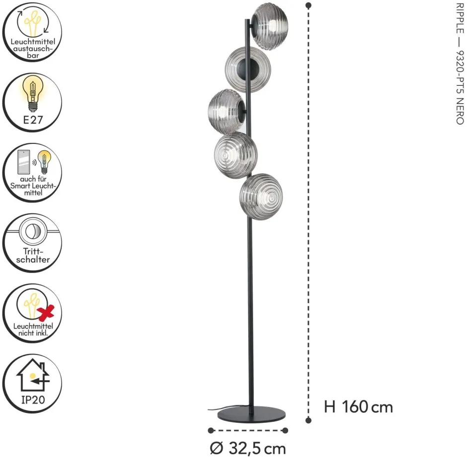 Eco-Light Dekorative Stehlampe Rauchglas 5-flammig E27 160 cm< Wohnzimmerlampen|Glaslampen