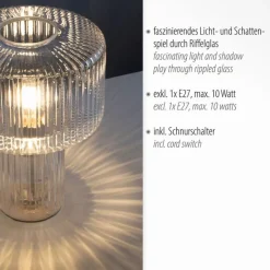 Wohnzimmerlampen|Schlafzimmer Lampen*Paul Neuhaus Dekorative Tischleuchte Riffelglas E27 35 cm Pilz rund