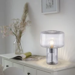 Wohnzimmerlampen|Schlafzimmer Lampen*Paul Neuhaus Dekorative Tischleuchte Riffelglas E27 35 cm Pilz rund