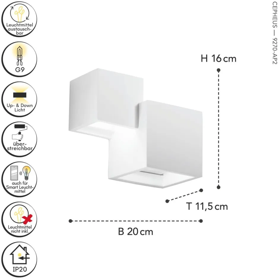 Eco-Light Dekorative Wandleuchte Up Down Gips Weiß G9 B:20 cm< Wohnzimmerlampen|Flurlampen