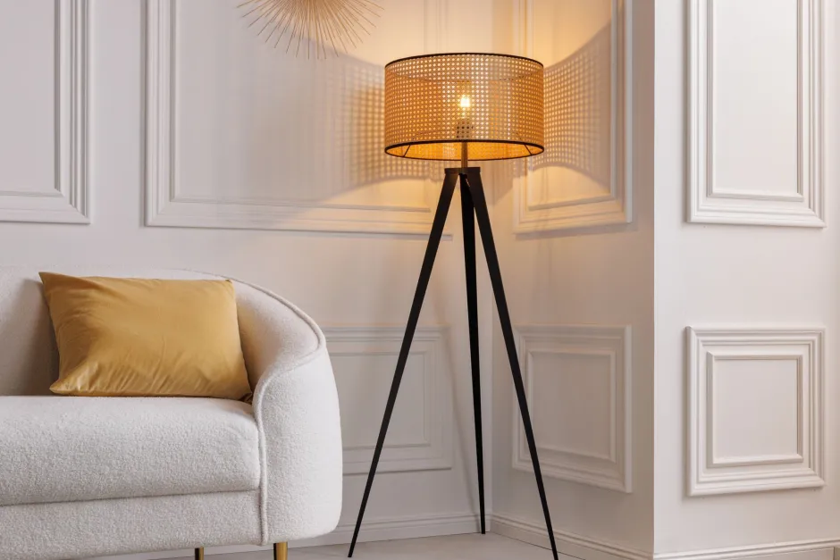 Bürolampen|Stehlampen*Invicta Interior Dreibein Stehlampe Holz Kunststoff Wiener Geflecht E27