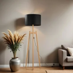 Lampen Aus Aller Welt|Stofflampen*TK Lighting Dreibein Stehleuchte Holz Stoff 168 cm E27 Natur Schwarz