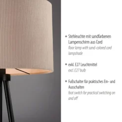 Just Light Dreibein Stehleuchte Stoff Beige blendarm E27 160 cm< Wohnzimmerlampen|Stofflampen