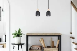 Hängelampen|Bürolampen*Belis Gemütliche Pendelleuchte Schwarz Metall Holz E27 46 cm