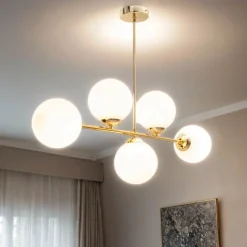 Belis Goldene Deckenleuchte Glaskugeln blendarm 5-flmg Metall< Wohnzimmerlampen|Glaslampen