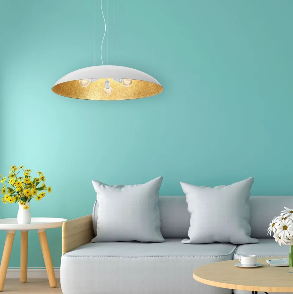 Hängelampen|Bürolampen*Luminex Große Hängelampe Stoff E27 Weiß Gold Ø100 cm rund