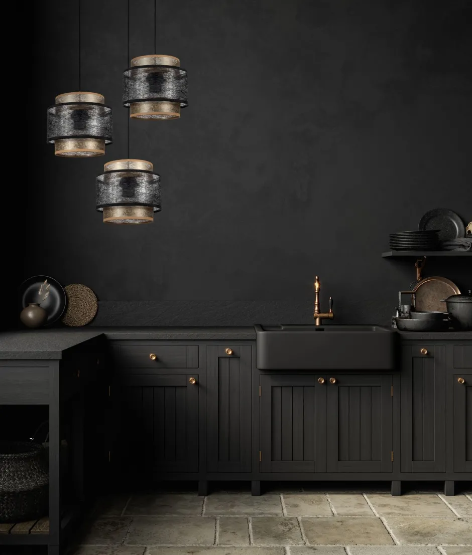 Belis Hängelampe blendarm Schwarz Gold E27 Stoff Ø38 cm rund< Hängelampen|Bürolampen