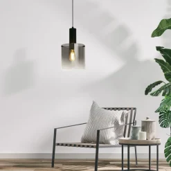 Searchlight Hängelampe Glas Metall D: 22 cm E27 Schwarz Rauchgrau< Wohnzimmerlampen|Glaslampen