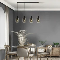 Wohnzimmerlampen|Glaslampen*Searchlight Hängelampe Grau Schwarz B: 142 cm 4-flammig E27 Glas Metall