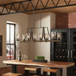 Elstead Hängelampe groß 116,8 cm lang 8x E27 Rustikal Metall Glas Holz< Hängelampen|Esszimmer Lampen