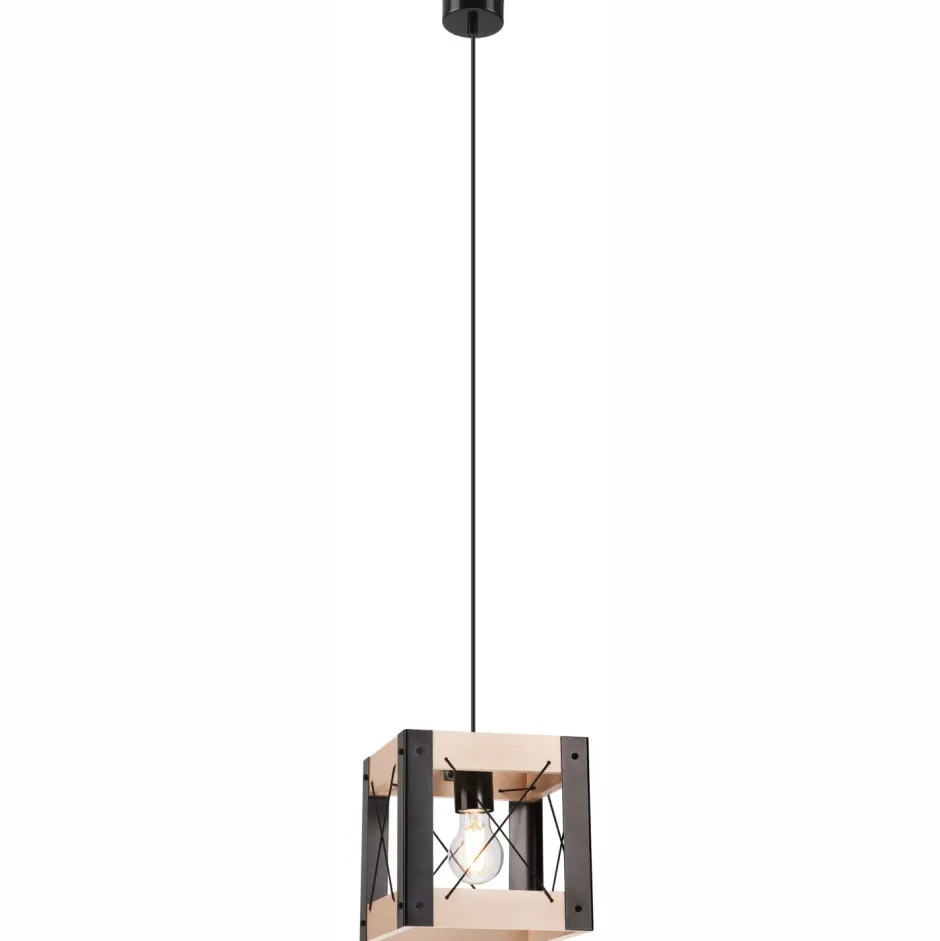 Bürolampen|Rustikale Lampen*Lamkur Hängelampe Holz Metall verstellbar Schwarz Natur E27 Rustikal