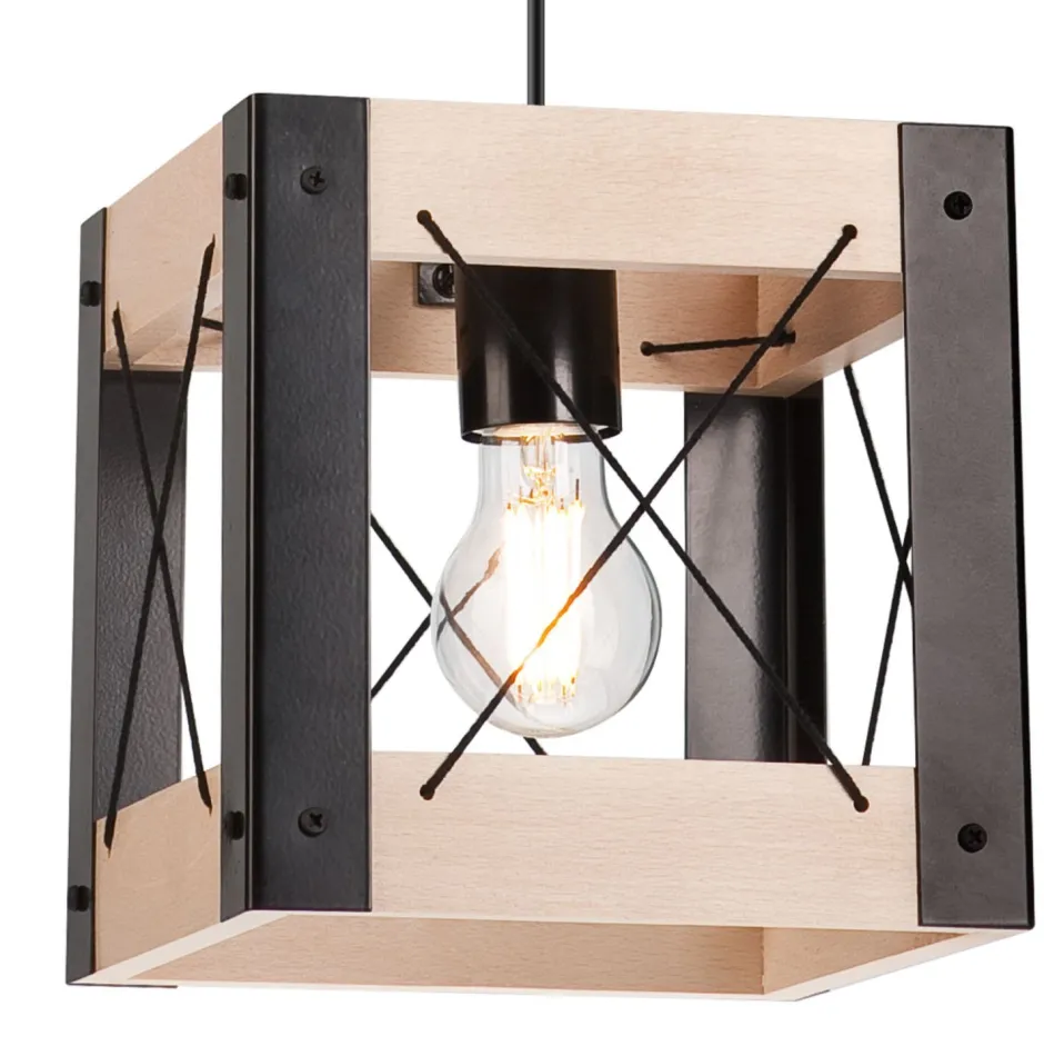 Bürolampen|Rustikale Lampen*Lamkur Hängelampe Holz Metall verstellbar Schwarz Natur E27 Rustikal