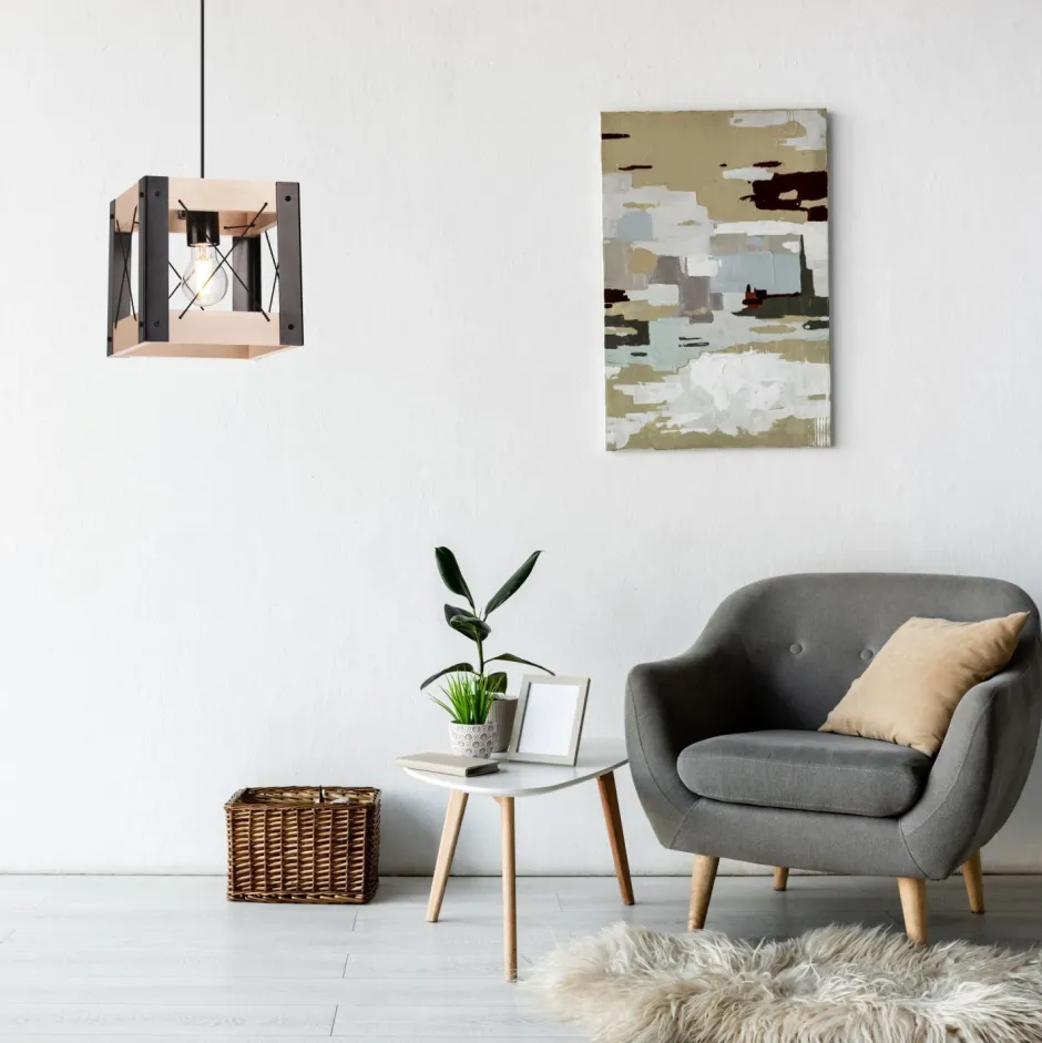 Bürolampen|Rustikale Lampen*Lamkur Hängelampe Holz Metall verstellbar Schwarz Natur E27 Rustikal