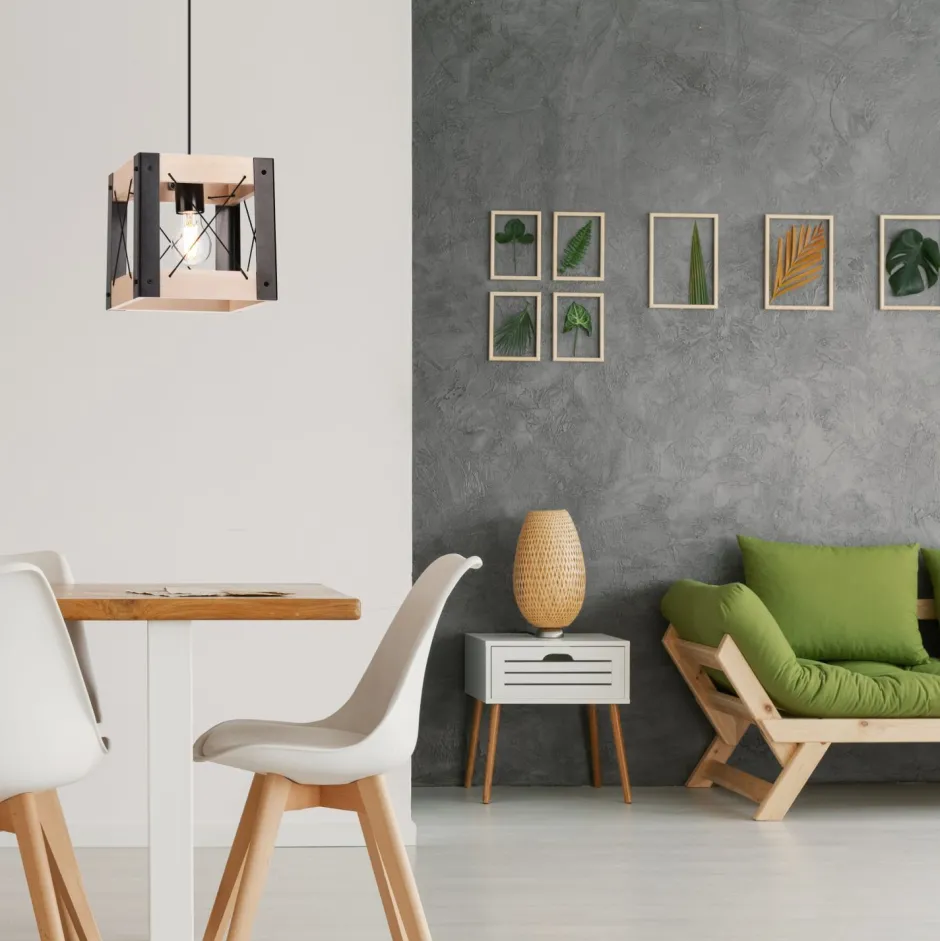 Bürolampen|Rustikale Lampen*Lamkur Hängelampe Holz Metall verstellbar Schwarz Natur E27 Rustikal