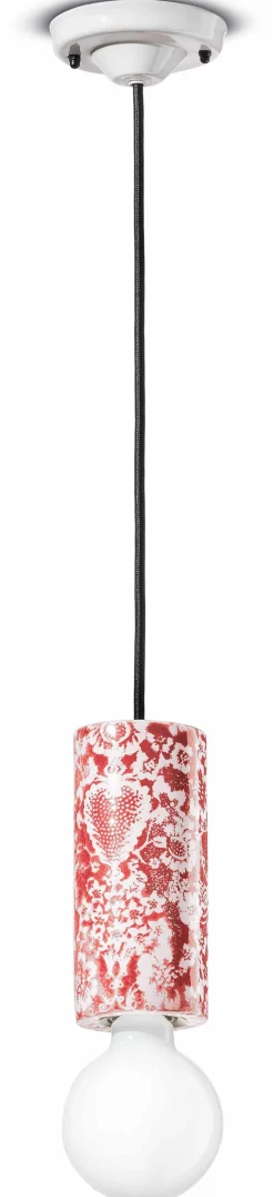 Wohnzimmerlampen|Esszimmer Lampen*Ferroluce Hängelampe Keramik E27 rund D: 8 cm Rot Muster Retro