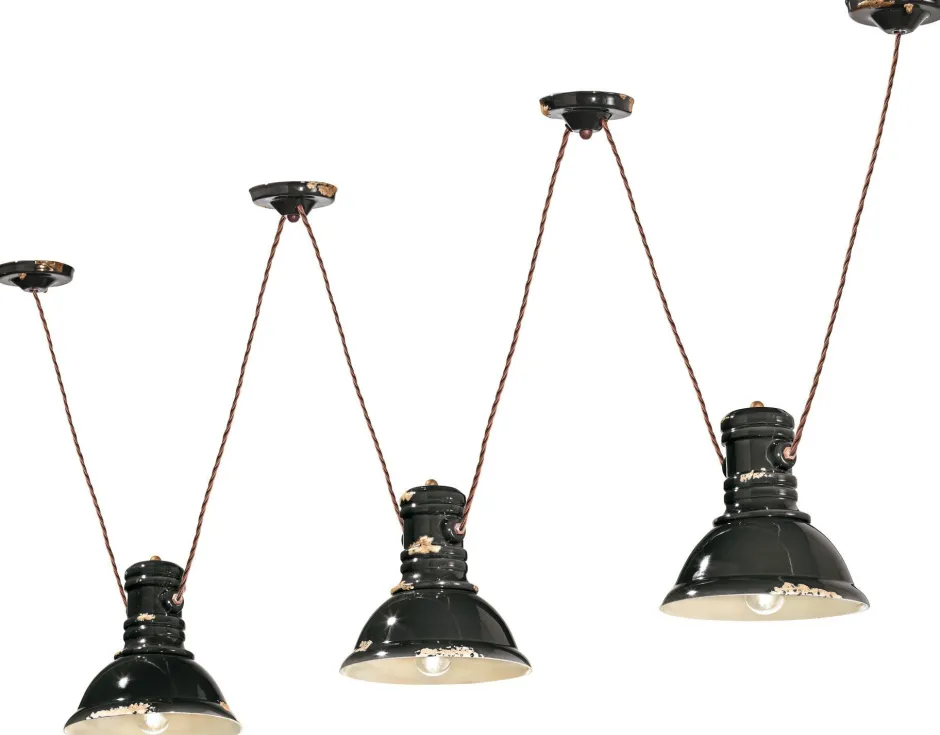 Wohnzimmerlampen|Keramiklampen*Ferroluce Hängelampe Keramik E27 Schwarz Shabby Antik 3-flammig