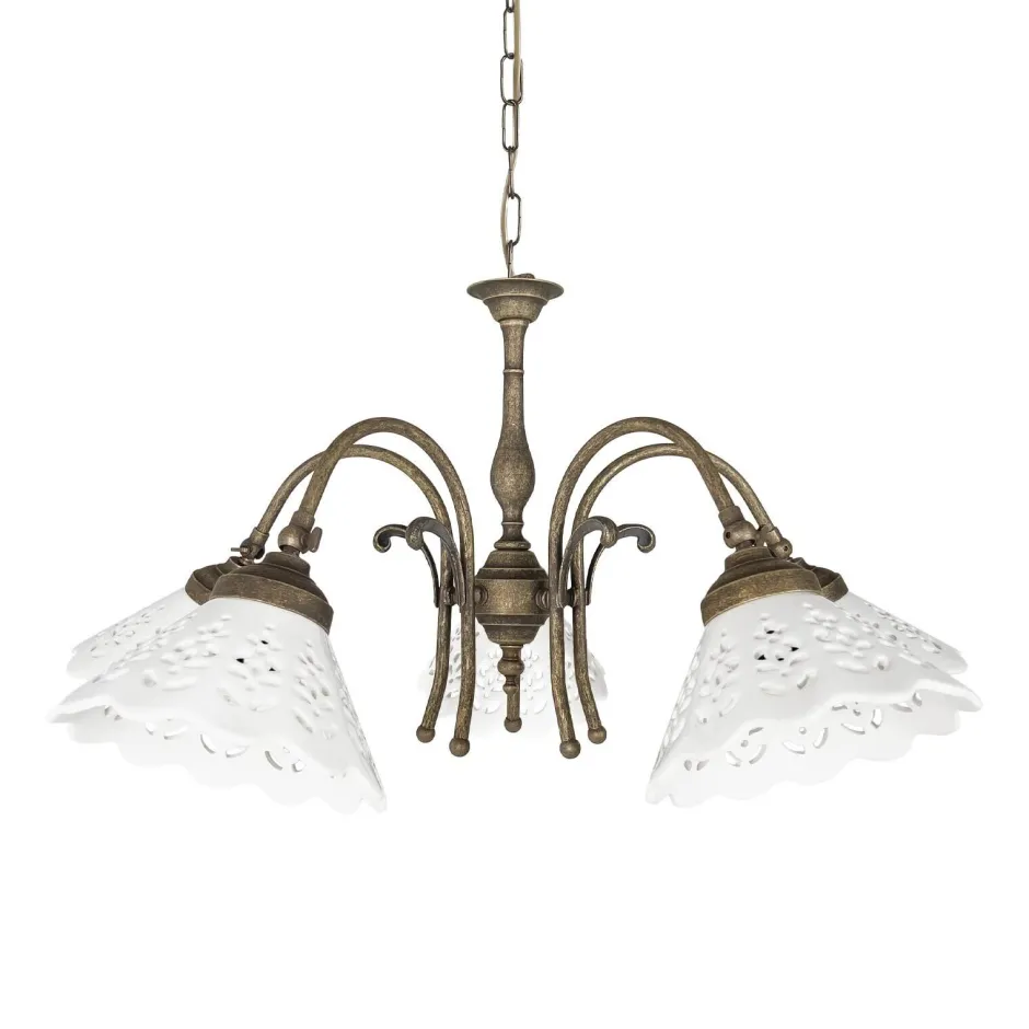 Giovanni Battista Hängelampe Messing Keramik in Weiß Bronze Antik 5x E27< Feuchtraumleuchten|Küchenlampen