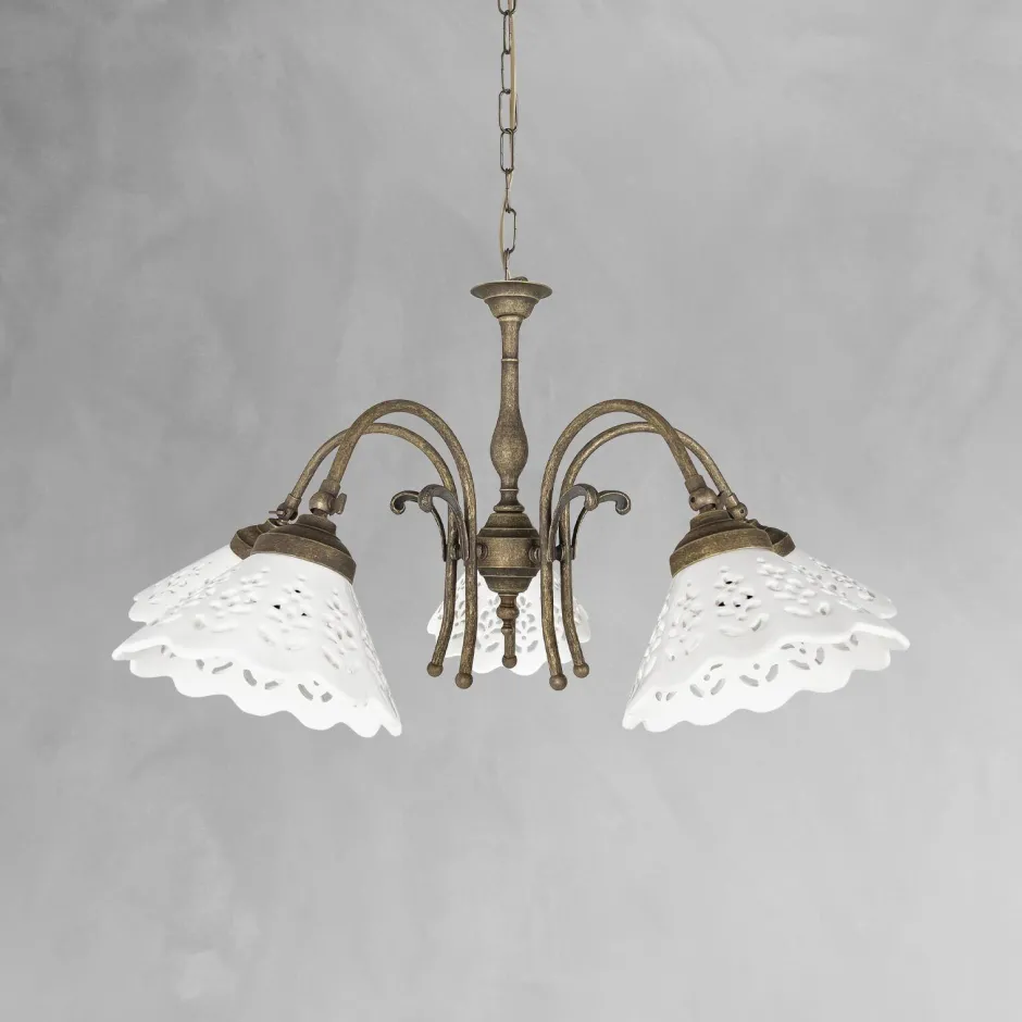 Giovanni Battista Hängelampe Messing Keramik in Weiß Bronze Antik 5x E27< Feuchtraumleuchten|Küchenlampen