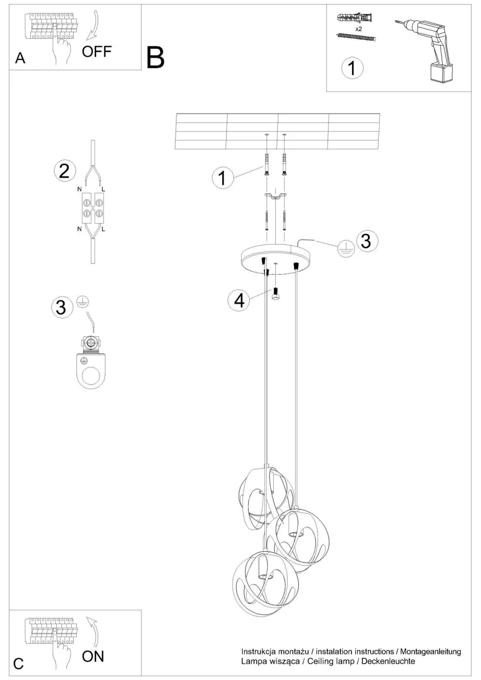 Sollux Hängelampe Modern Ø 30 cm Metall 3-flammig E27 Schwarz< Hängelampen|Esszimmer Lampen