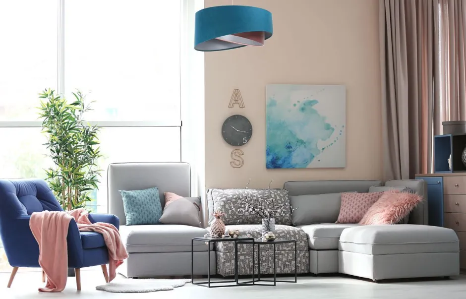 Wohnzimmerlampen|Stofflampen*BPS Koncept Hängelampe rund Ø 50 cm E27 Türkis Rosa Silber Stoffschirm