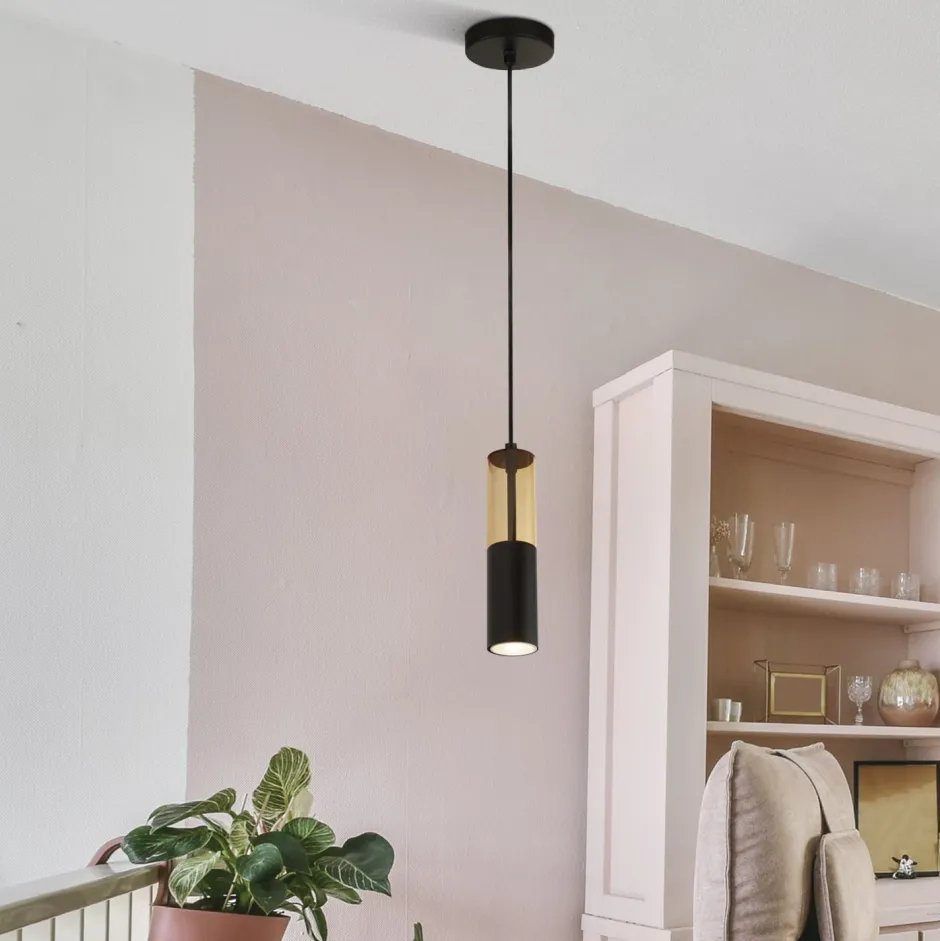 Searchlight Hängelampe rund Ø 10 cm schmal GU10 Schwarz Bernstein< Hängelampen|Wohnzimmerlampen