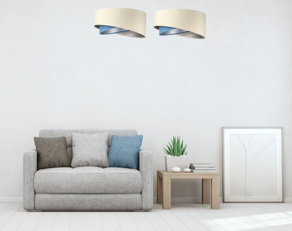 BPS Koncept Hängelampe rund D: 50 cm Stoff Creme Blau Silber E27 Modern< Bürolampen|Schlafzimmer Lampen