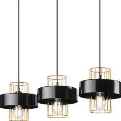 Bürolampen|Küchenlampen*Lamkur Hängelampe Schwarz Gold 3-flammig E27 B: 60 cm Metall