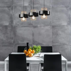 Bürolampen|Küchenlampen*Lamkur Hängelampe Schwarz Gold 3-flammig E27 B: 60 cm Metall