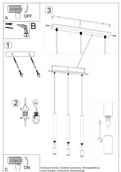 Moderne Lampen|Wohnzimmerlampen*Sollux Hängelampe Schwarz Metall Glas 3-flammig G9 schmal