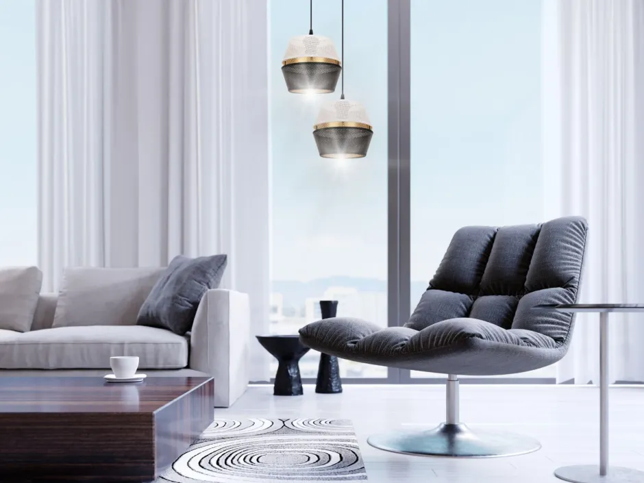 Hängelampen|Bürolampen*Belis Hängelampe Schwarz Weiß Gold Metall 2-flmg B:40 cm E27