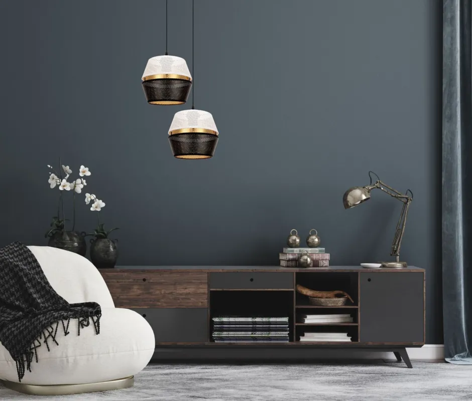 Hängelampen|Bürolampen*Belis Hängelampe Schwarz Weiß Gold Metall 2-flmg B:40 cm E27