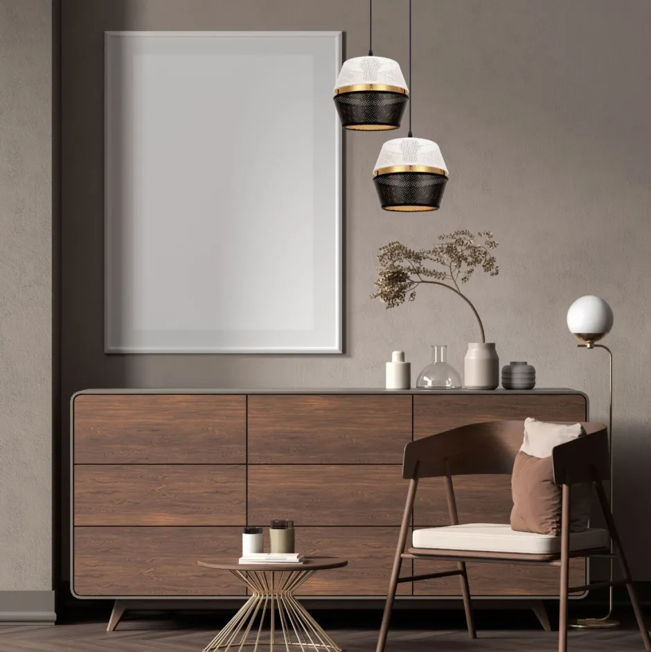 Hängelampen|Bürolampen*Belis Hängelampe Schwarz Weiß Gold Metall 2-flmg B:40 cm E27