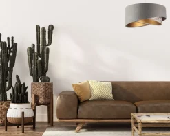 BPS Koncept Hängelampe Stoff Ø 50 cm Velours Optik Grau Beige Gold E27< Wohnzimmerlampen|Schlafzimmer Lampen