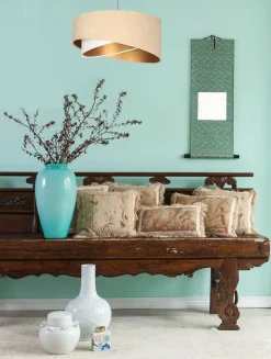 Hängelampen|Bürolampen*BPS Koncept Hängelampe Stoff Beige Gold E27 rund D: 50 cm Velours Optik