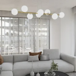 Wohnzimmerlampen|Glaslampen*Emibig Hängelampe Weiß Gold 8x E14 Glas Metall 140 cm groß