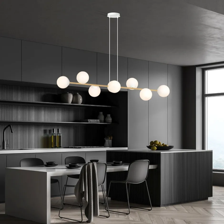 Wohnzimmerlampen|Glaslampen*Emibig Hängelampe Weiß Gold 8x E14 Glas Metall 140 cm groß